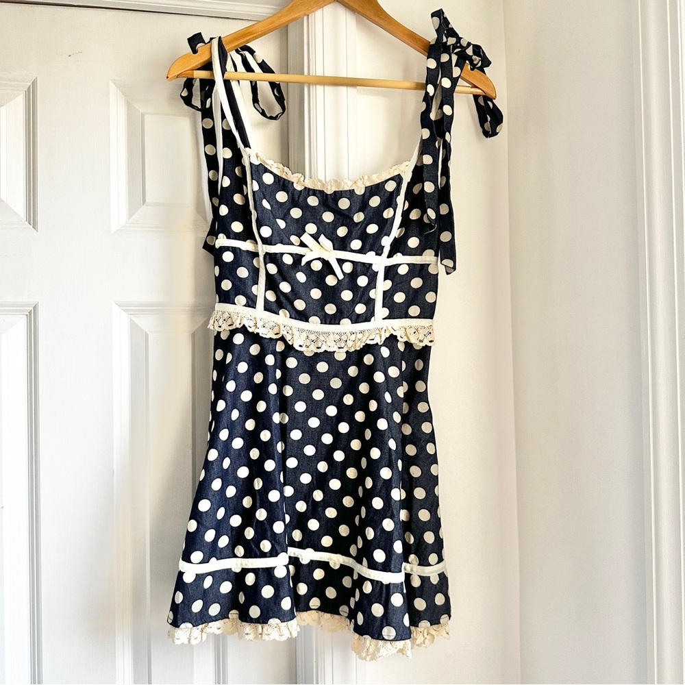 For Love and Lemons Dolly Denim Navy Polka Dot Dress - Picture 7 of 9